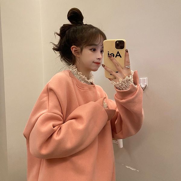 2021 new autumn and winter college style loose round neck lace stitching sweatshirt long-sleeved pullover thick solid color women lsos, Black
2021 new autumn and winter college style loose round neck lace stitching sweatshirt long-sleeved pullover thick solid color women lsos, Black