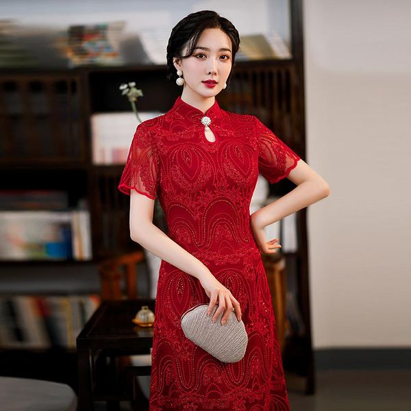 ethnic clothing chinese bride wedding dress gown satin short sleeve qipao large size 3xl 4xl cheongsam mid length female lace vestidos, Red
ethnic clothing chinese bride wedding dress gown satin short sleeve qipao large size 3xl 4xl cheongsam mid length female lace vestidos, Red