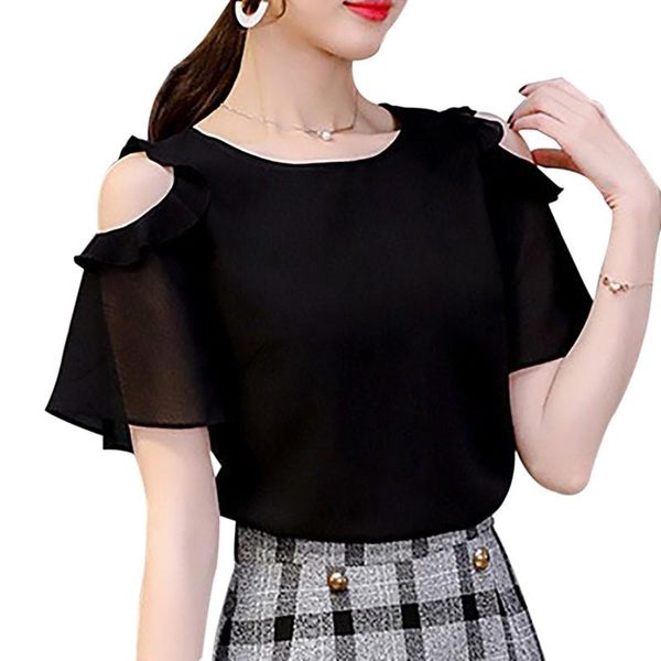 women solid color ruffles blouses short sleeve cold shoulder chiffon blouse summer office lady, White
women solid color ruffles blouses short sleeve cold shoulder chiffon blouse summer office lady, White