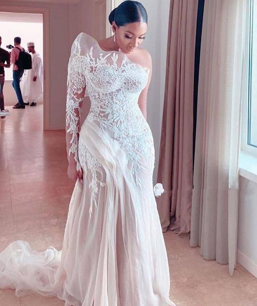one shoulder long sleeves mermaid wedding dresses bridal gowns lace appliques sweep train corset back tulle plus size bride dress, White
one shoulder long sleeves mermaid wedding dresses bridal gowns lace appliques sweep train corset back tulle plus size bride dress, White
