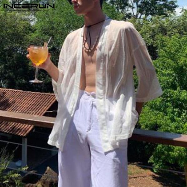 men's casual shirts incerun solid color open stitch loose see through blouse men 3/4 sleeve cardigan spring leisure mesh kimono 5xl 7, White;black
men's casual shirts incerun solid color open stitch loose see through blouse men 3/4 sleeve cardigan spring leisure mesh kimono 5xl 7, White;black