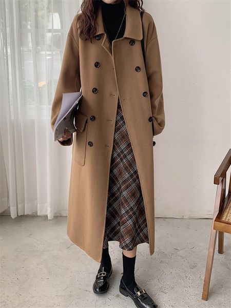 women's wool & blends autumn and winter high-end double-sided cashmere coat women loose mid-length over-the-knee double-breasted woolen, Black
women's wool & blends autumn and winter high-end double-sided cashmere coat women loose mid-length over-the-knee double-breasted woolen, Black