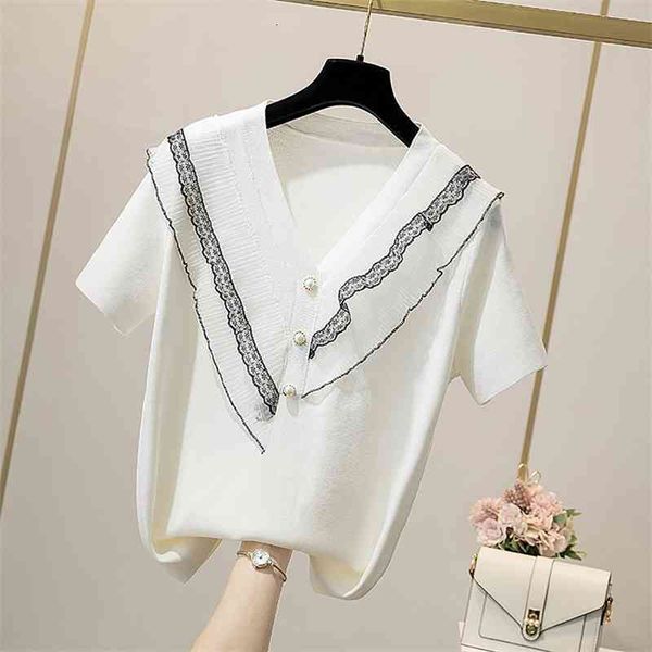 women's knits & tees summer patchwork lace pearl button knitted short sleeve pullovers women large plus size xl-3xl thin fash, White
women's knits & tees summer patchwork lace pearl button knitted short sleeve pullovers women large plus size xl-3xl thin fash, White