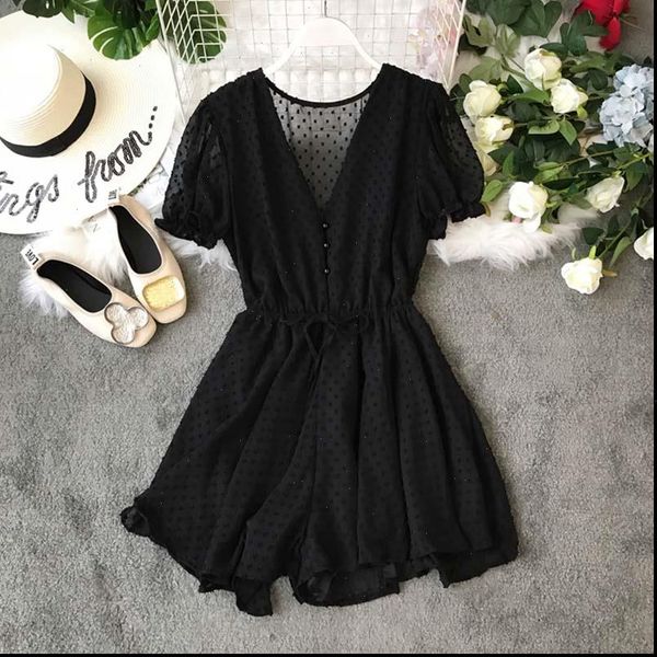 women polka dot chiffon overalls sashes korean short sleeve v neck beach rompers loose casual summer wide leg playsuits, Black;white
women polka dot chiffon overalls sashes korean short sleeve v neck beach rompers loose casual summer wide leg playsuits, Black;white
