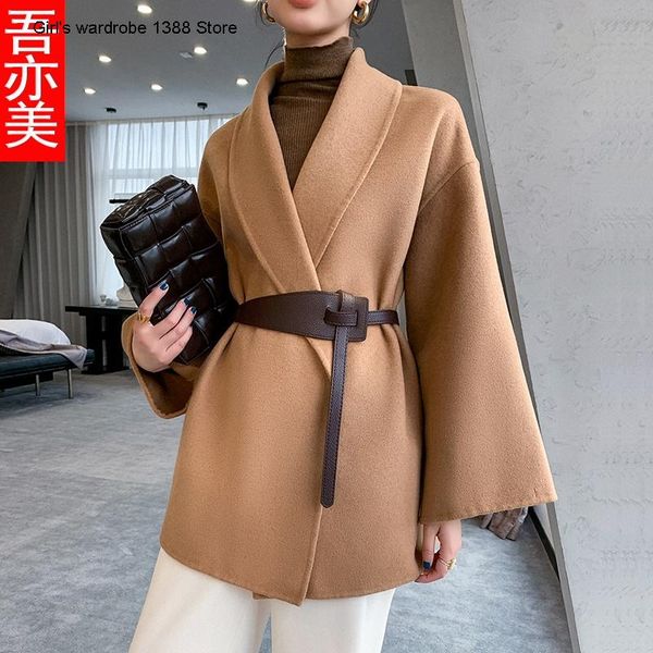 women's wool & blends small suit cashmere coat short 2021 camel silhouette double face woolen waistband, Black 
women's wool & blends small suit cashmere coat short 2021 camel silhouette double face woolen waistband, Black