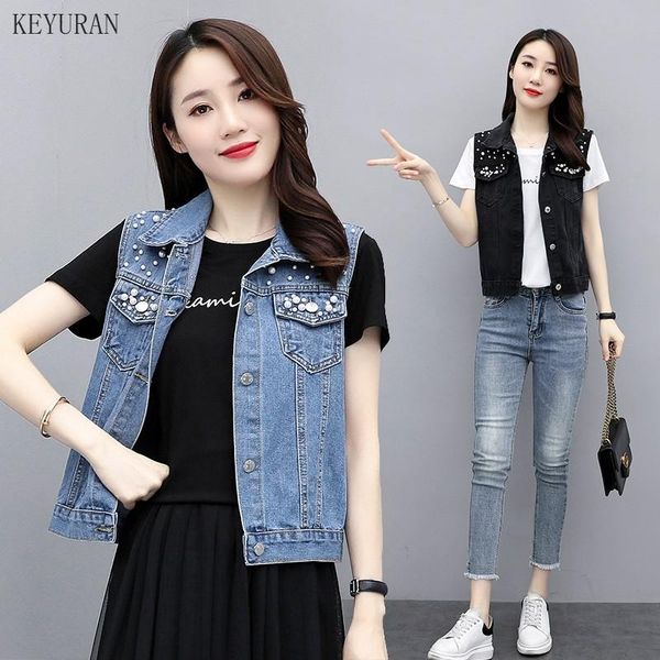 women's vests  women fashion beading denim vest lady pocket coat sleeveless jacket outwear casual plus size waistcoat colete feminino, Black;white
women's vests  women fashion beading denim vest lady pocket coat sleeveless jacket outwear casual plus size waistcoat colete feminino, Black;white