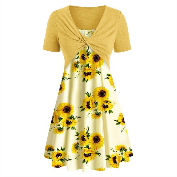 2 pcs sets boho dress women tanks short sleeve cross knot bandage sunflower floral mini suit yellow a line vestidos, White
