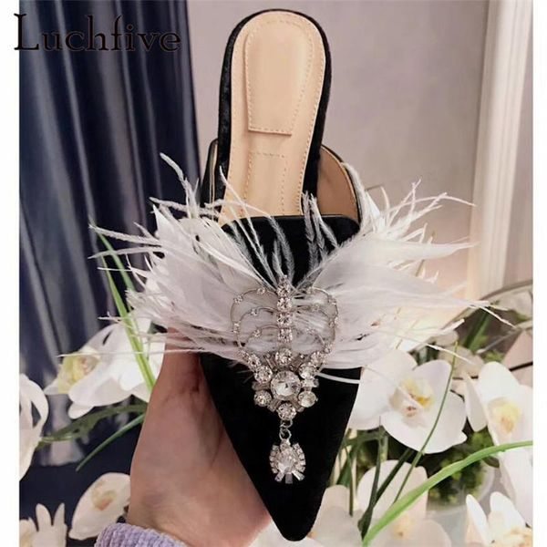 slippers feather crystal designer mules shoes ladies flat heel pointed toe bridal summer vacation beach women, Black
slippers feather crystal designer mules shoes ladies flat heel pointed toe bridal summer vacation beach women, Black
