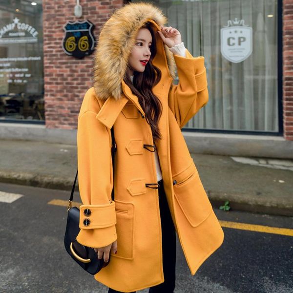 women's wool & blends casual slim long coat hooded horn button blend and jacket pockets women coats autumn winter, Black
women's wool & blends casual slim long coat hooded horn button blend and jacket pockets women coats autumn winter, Black