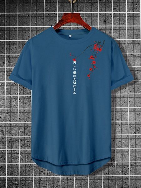 men floral and japanese letter graphic high low hem tee p0xc#, White;black 
men floral and japanese letter graphic high low hem tee p0xc#, White;black