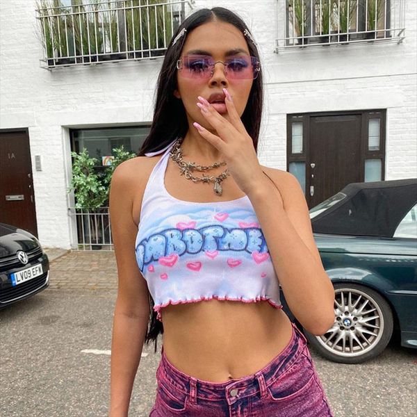 vest crop sleeveless women camis summer style blouse with wooden ears halter neck letter printing small, White
vest crop sleeveless women camis summer style blouse with wooden ears halter neck letter printing small, White