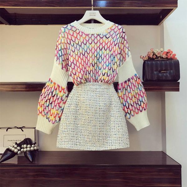 two piece dress 2021 autumn fashion women rainbow knitted sweater + short tweed skirts suit for womens set outfits clothes, White
two piece dress 2021 autumn fashion women rainbow knitted sweater + short tweed skirts suit for womens set outfits clothes, White