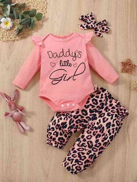baby slogan graphic ruffle trim bodysuit & leopard print pants & headband she, Blue