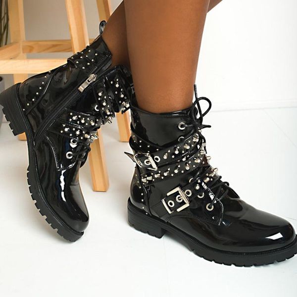 boots rivet metal studded decoration women motorcycle biker platform square heel zip round toe cool shoes female all season 2021, Black