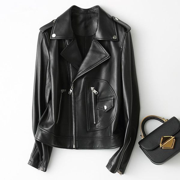 women's leather & faux streetwear genuine female jacket 2021 autumn spring casual fashion vintage fit sheepskin real coat 29053, Black
women's leather & faux streetwear genuine female jacket 2021 autumn spring casual fashion vintage fit sheepskin real coat 29053, Black