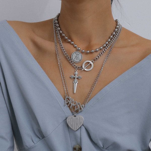 jewelry punk ot button cross heart women's personality floral letter bead pendant necklace, Silver
jewelry punk ot button cross heart women's personality floral letter bead pendant necklace, Silver