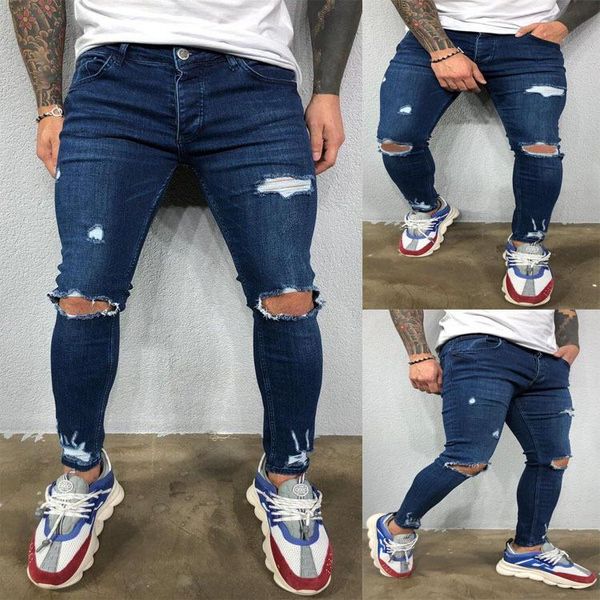 men's jeans 2021 pierced elastic leg tear, Blue 
men's jeans 2021 pierced elastic leg tear, Blue