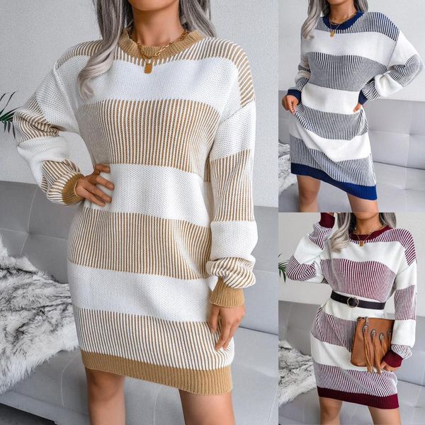women's sweaters 2022 strip long sleeve sweater dress women autumn winter loose tunic knit pullovers casual knitted dresses, White;black
women's sweaters 2022 strip long sleeve sweater dress women autumn winter loose tunic knit pullovers casual knitted dresses, White;black