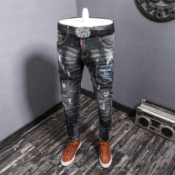 high end jeans fashion brand hole spray painting straight men's autumn winter black grey pantswinter, Blue
high end jeans fashion brand hole spray painting straight men's autumn winter black grey pantswinter, Blue