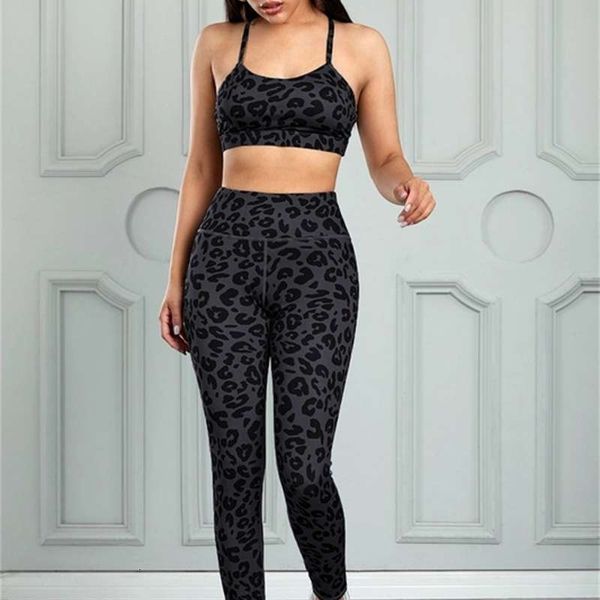 autumn tracksuits women's leopard print yoga sports suit, Gray