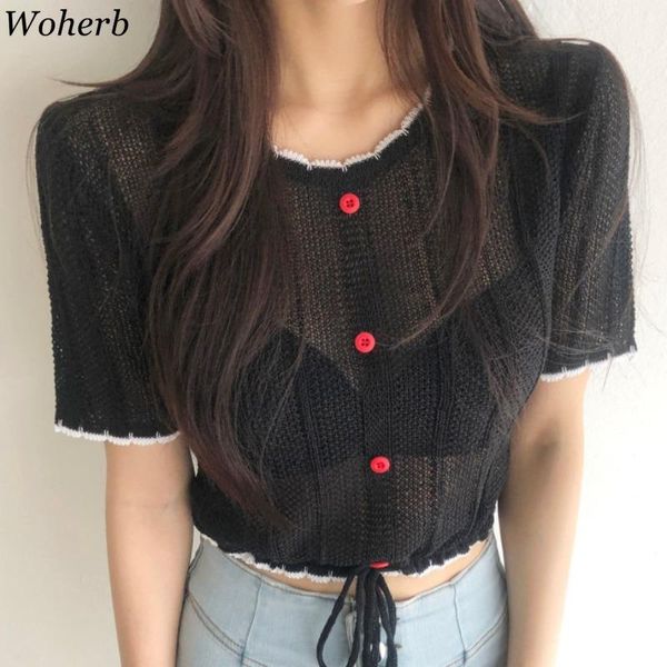 women's t-shirt woherb vintage knitted t shirts women o neck see through drawstring thin short-sleeve tees shirt single-breasted croppe, White
women's t-shirt woherb vintage knitted t shirts women o neck see through drawstring thin short-sleeve tees shirt single-breasted croppe, White