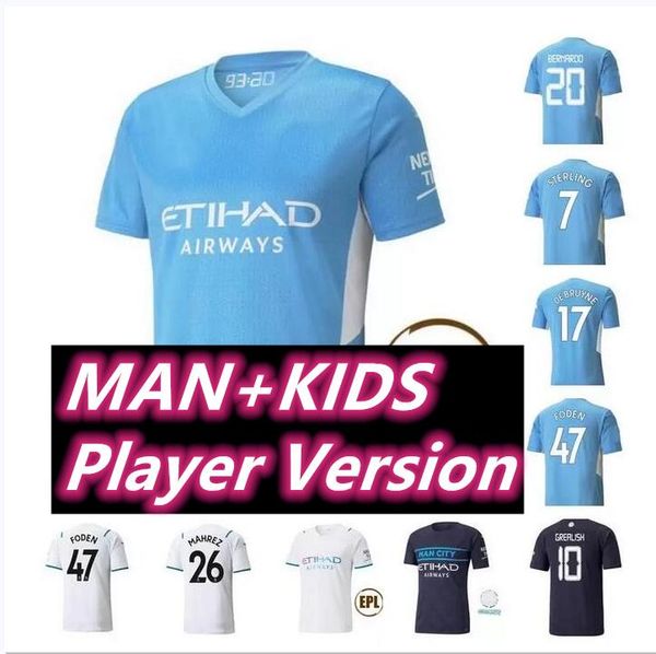 2021 2022 grealish de bruyne soccer jerseys 21 22 g. jesus foden sterling ferran bernardo mahrez rodrigo football shirts uniform men + kids, Black;yellow