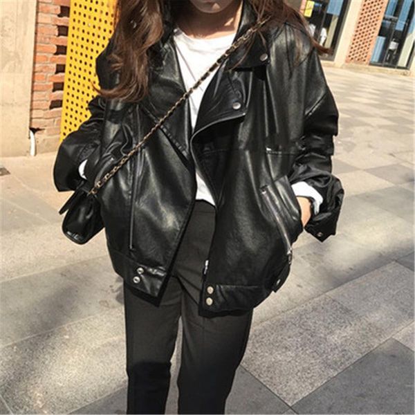 women's leather & faux loose pu jacket women classic moto biker lady spring autumn basic coat plus size outerwear t97, Black
women's leather & faux loose pu jacket women classic moto biker lady spring autumn basic coat plus size outerwear t97, Black