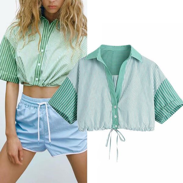 women's blouses & shirts summer women casual shirt fashion elasticated striped stitching half sleeve button-up clothing, White
women's blouses & shirts summer women casual shirt fashion elasticated striped stitching half sleeve button-up clothing, White