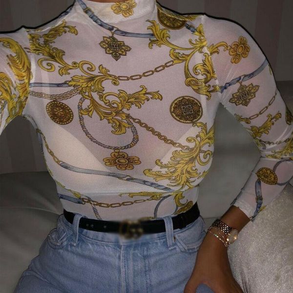 women transparent mesh net t-shirt long sleeve bodycon hollow print tees slim club wear, White
women transparent mesh net t-shirt long sleeve bodycon hollow print tees slim club wear, White