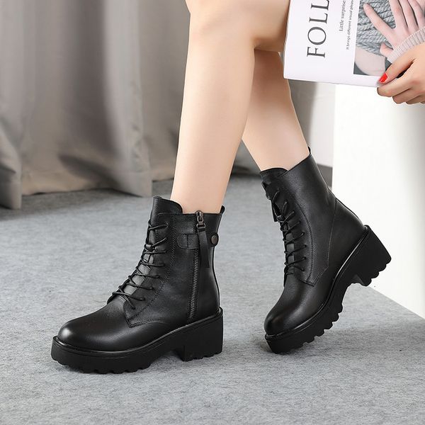 high heeled martin 2021 british style thick soled increased leather autumn and winter women's short boots, Black
high heeled martin 2021 british style thick soled increased leather autumn and winter women's short boots, Black