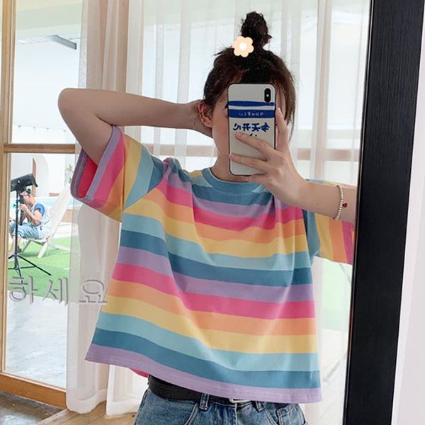 new casual tshirt loose rainbow striped o-neck short-sleeved women t-shirt female t shirt cloth harajuku clothes brandy top, White
new casual tshirt loose rainbow striped o-neck short-sleeved women t-shirt female t shirt cloth harajuku clothes brandy top, White