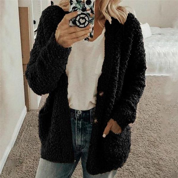 women's wool & blends coat autumn winter warm soft button fur jacket plush pocket casual, Black
women's wool & blends coat autumn winter warm soft button fur jacket plush pocket casual, Black