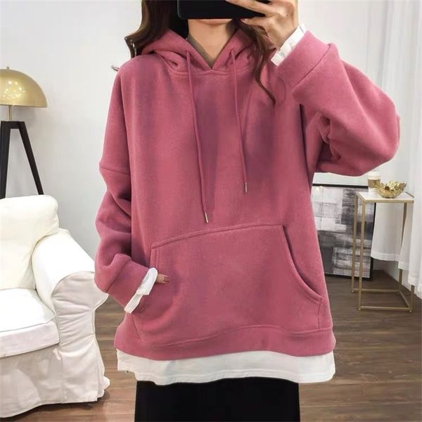 70246 autumn and winter new fake two-piece sweater women's hooded korean loose plush thickened versatile coat, Black
70246 autumn and winter new fake two-piece sweater women's hooded korean loose plush thickened versatile coat, Black