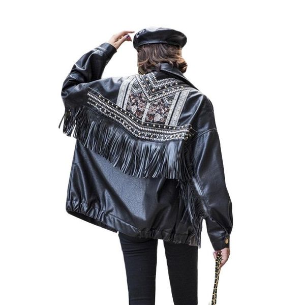 women's leather & faux women jacket 2021 spring embroidery rivet tassel pu short coat loose motorcycle ladies coats tide h035, Black
women's leather & faux women jacket 2021 spring embroidery rivet tassel pu short coat loose motorcycle ladies coats tide h035, Black