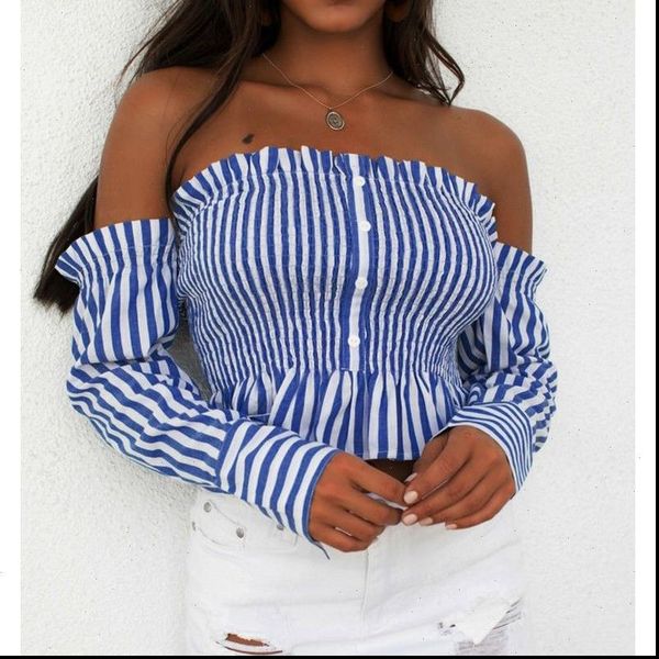 off shoulder women lady striped shirt summer spring female clothing slash neck strappy backless buttons ruched crop blouse, White
off shoulder women lady striped shirt summer spring female clothing slash neck strappy backless buttons ruched crop blouse, White