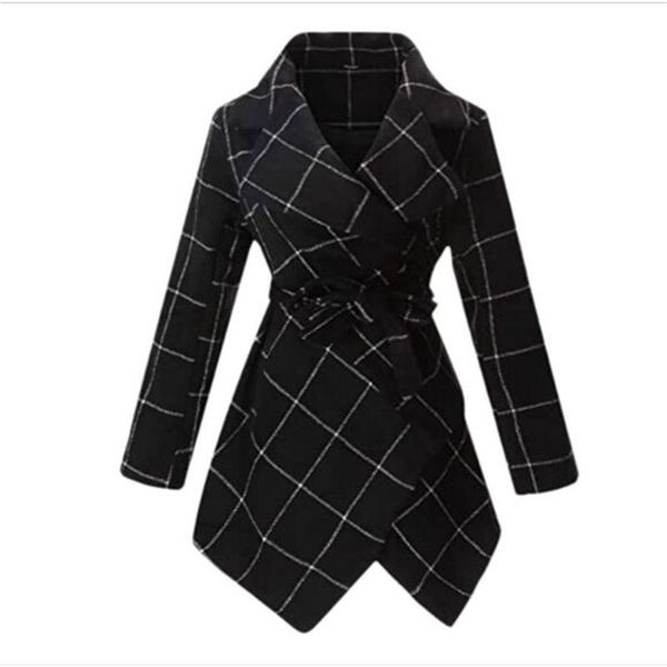 women's wool & blends autumn/winter 2021 fashion women cotton lapel plaid print lace-up irregular long woollen cloth skinny oversize ou, Black 
women's wool & blends autumn/winter 2021 fashion women cotton lapel plaid print lace-up irregular long woollen cloth skinny oversize ou, Black