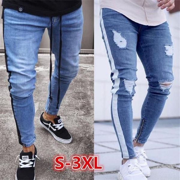 men's jeans men's european and american fashion small foot zipper torn knees made old side seam stitching casual, Blue 
men's jeans men's european and american fashion small foot zipper torn knees made old side seam stitching casual, Blue