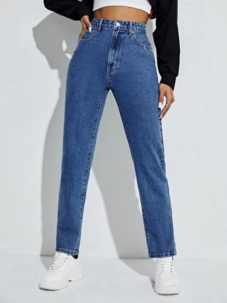 high waist chain detail straight leg jeans 31dt#, Blue