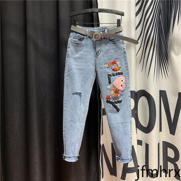 women's jeans slim-fit fashion ripped harem pants 2021 spring autumn korean version patch beads cropped denim jean femininas, Blue
women's jeans slim-fit fashion ripped harem pants 2021 spring autumn korean version patch beads cropped denim jean femininas, Blue