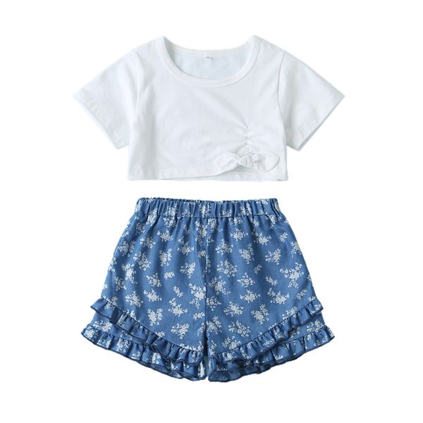 kids girls 2-piece outfit set short sleeve solid color +floral print shorts set, White
kids girls 2-piece outfit set short sleeve solid color +floral print shorts set, White