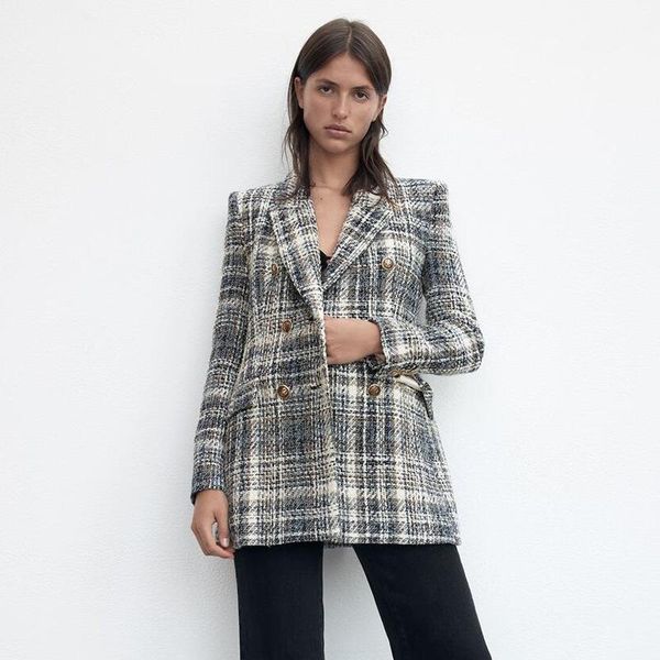 women's suits & blazers 2021 autumn and winter casual plaid double-breasted texture with shoulder pads suit jacket women, White;black
women's suits & blazers 2021 autumn and winter casual plaid double-breasted texture with shoulder pads suit jacket women, White;black