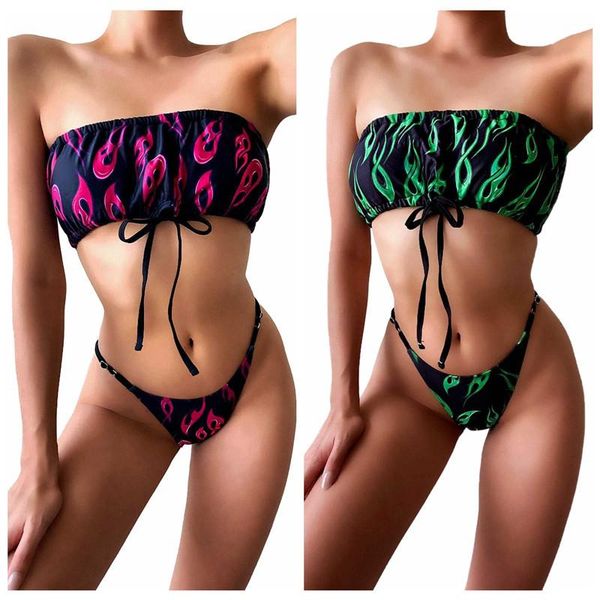 women's swimwear two piece bikini suits off shoulder flame printing lace-up tube and low waist thong brazilian beachwear, White;black
women's swimwear two piece bikini suits off shoulder flame printing lace-up tube and low waist thong brazilian beachwear, White;black
