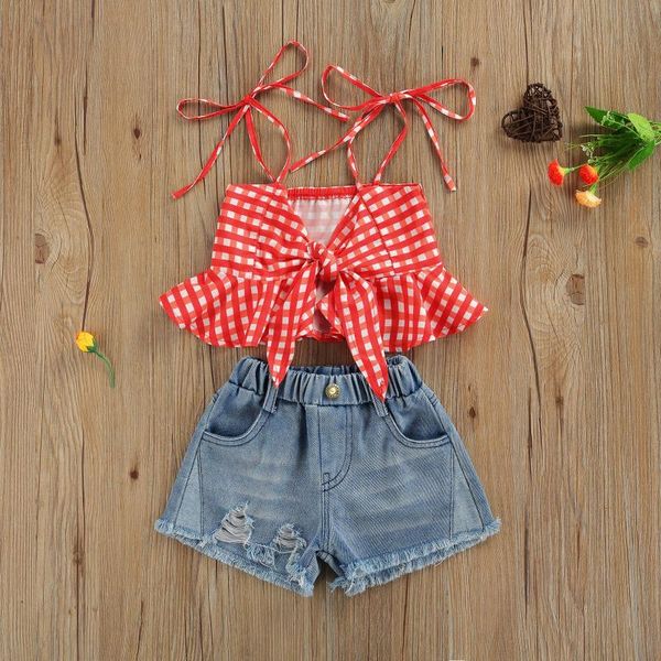 clothing sets toddler baby girls plaid print spaghetti straps ruffle camis with bow + ripped denim shorts kids 2pcs summer outfits set, White
clothing sets toddler baby girls plaid print spaghetti straps ruffle camis with bow + ripped denim shorts kids 2pcs summer outfits set, White