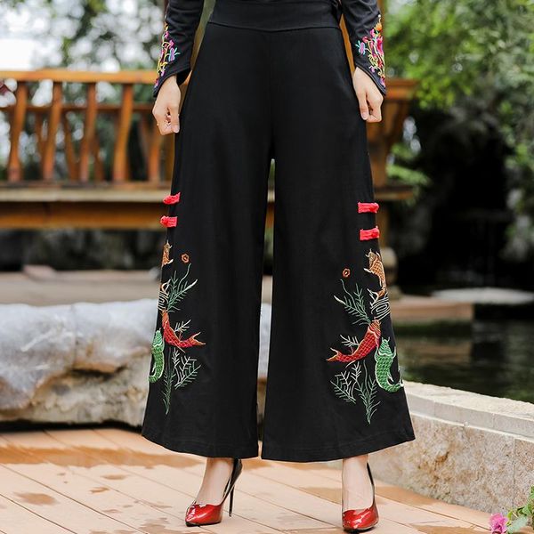 women's pants & capris wide leg women high waist plus size drape loose embroidery trousers traditional camo cotton linen, Black;white 
women's pants & capris wide leg women high waist plus size drape loose embroidery trousers traditional camo cotton linen, Black;white