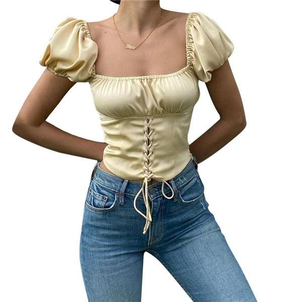women's t-shirt fashion lace up short sleeve navel square neck pleated bubble pullover solid color, White
women's t-shirt fashion lace up short sleeve navel square neck pleated bubble pullover solid color, White