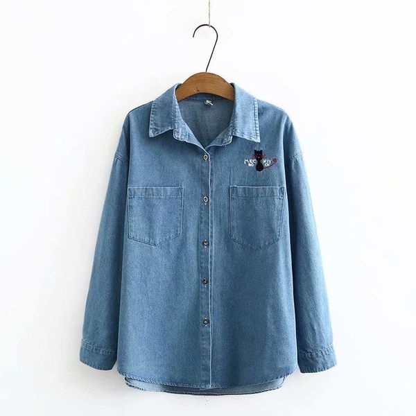 plus size solid blue embroidery cotton women loose jeans shirts 2021 new spring autumn casual ladies blouse female shirt, White 
plus size solid blue embroidery cotton women loose jeans shirts 2021 new spring autumn casual ladies blouse female shirt, White
