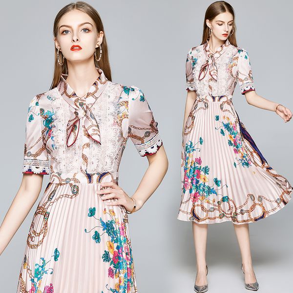 2021 new banulin women spring summer runway designer short sleeve bow neck lace stitching printed slim pleated es jx8s, Black;gray
2021 new banulin women spring summer runway designer short sleeve bow neck lace stitching printed slim pleated es jx8s, Black;gray