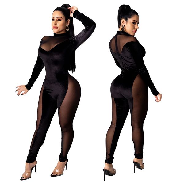 new jumpsuit for women patchwork turtleneck romper long sleeve see through night club party mesh jumpsuit 2021, White