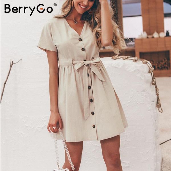 party dresses berrygo v-neck women linen dress vintage short sleeve button sash mini casual streetwear summer vestido, White;black
party dresses berrygo v-neck women linen dress vintage short sleeve button sash mini casual streetwear summer vestido, White;black