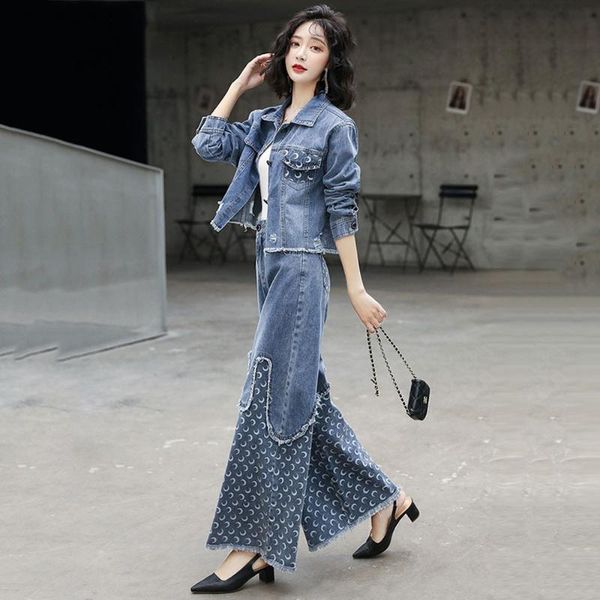 women's two piece pants fashion denim wide-leg suit women spring autumn loose casual short cowboy coat large size jeans female trend se, White
women's two piece pants fashion denim wide-leg suit women spring autumn loose casual short cowboy coat large size jeans female trend se, White